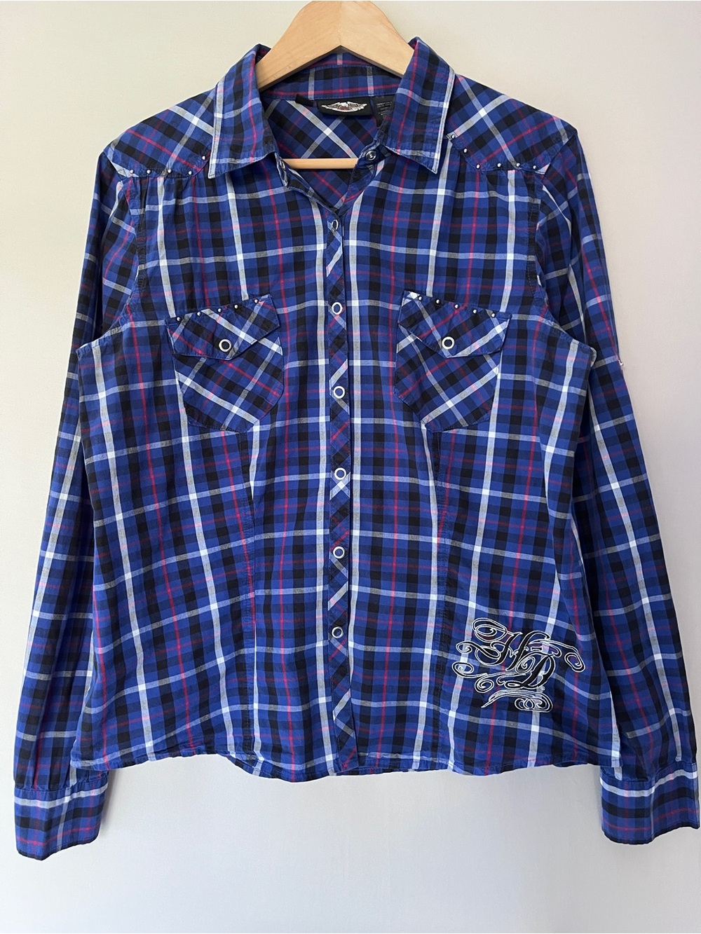 Harley-Davidson Blue Black Red Plaid Western Snap Shirt Embroidered Logo Size L